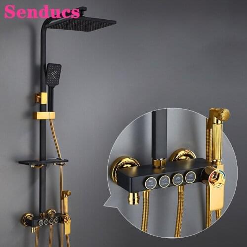 Senducs Bathroom Shower Set Black Gold Bathtub Mixer Faucets 12 Inch Rainfall Shower Head Black Gold Thermostatic Shower Set