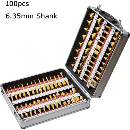 100PCS 1/4'' 6.35mm Shank Tungsten Carbide Router Bit Set Woodworking Cutter Trimming Knife Forming Milling Carving Cutting Tool