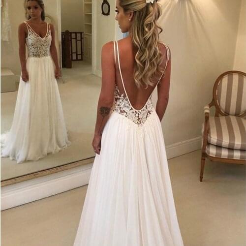 Charming Deep V-neck Lace Wedding Dress Robe de Mariage Sexy Backless Chiffon Beach Bridal Gown 2020 gelinlik