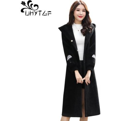 UHYTGF Winter jacket for women Quality Mink Cashmere wool coat fashion embroidery casual jacket female hooded plus size coat 559