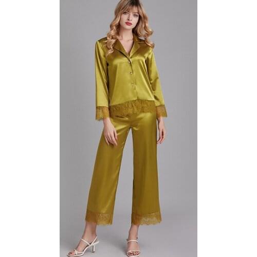 Women Faxu Silk Pajamas Summer Lace Long-Sleeved Solid Home Wear Womens Pajama Set Sexy Pijama Soft Sleepwear Satin Pajamas