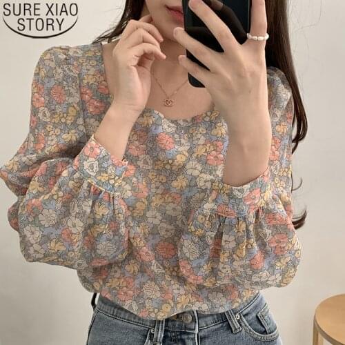 Vintage Women Print Chiffon Blouse Shirts Autumn Long Sleeve Tops Floral Loose Office Lady Casual Square Collar Blouses 10113