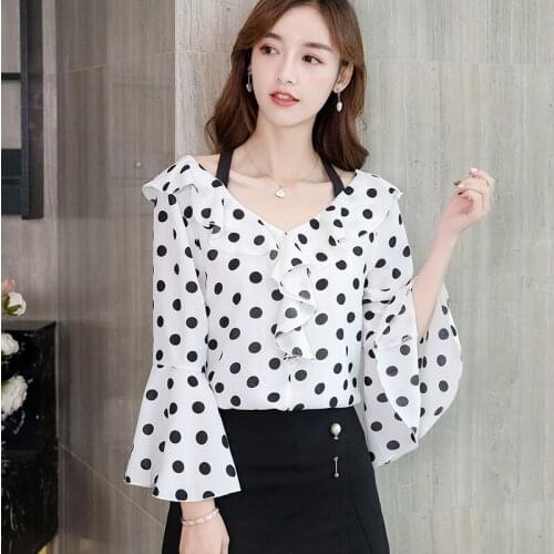 Spring Summer Chiffon Boluses Women New Korean Flare Sleeves Slim Thin Bottom Shirt Ladies Casual Long Sleeve V Collar Top H9063