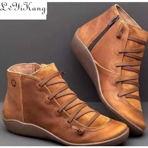 Women Winter Snow Boots PU Leather Ankle Spring Flat Shoes Woman Short Brown Botas with Fur 2020 for Women Lace Up Botas Mujer