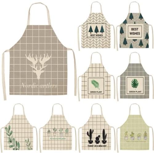 Simple Grid Plant Printed Kitchen Apron 53*65cm for Woman Home Cooking Baking Coffee Cleaning Accessory Cotton Linen Bib WQL0017