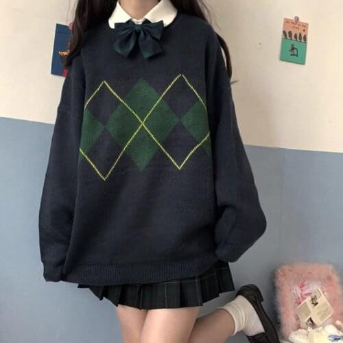 Geometric Pattern Sweater Women Knitted Jk Uniform O Neck Long Sleeve Loose Pullover Jk Tops Preppy Style Winter Argyle Sweater