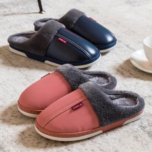 Winter Warm PU Waterproof Slipper Women Men Indoor Bedroom Plush Flat House Shoes Female Fluffy Ladies Flats Platform Chaussure