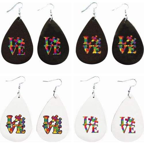 2021 New Style Leather Earrings Autism Love Pu Teardrop Earrings Promoting On Sale