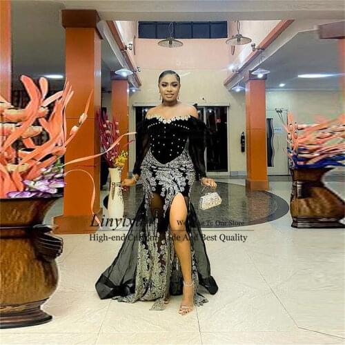 Aso Ebi Mermaid Prom Dresses Off The Shoulder High Split See Through Evening Gowns Long Sleeves Plus Size Party Robes De soiree