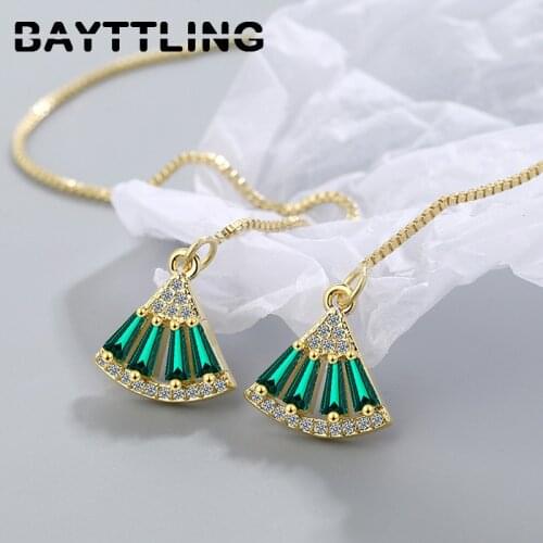 BAYTTLING 925 Sterling Silver 110MM Tassel Green Fan Zircon Pendant Earrings For Woman Fashion Gift Wedding Jewelry