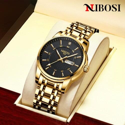 NIBOSI Gold Black New Mens Watches Top Brand Luxury Stalnless Steel Quartz Wristwatches Men Waterproof Auto Week Display Relogio