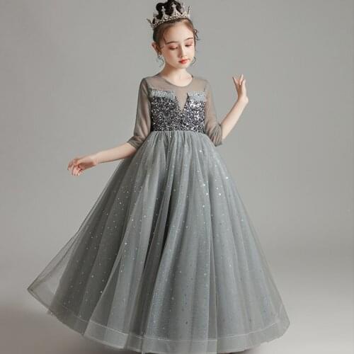 Flower Girl Dresses Illusion Half Sequined Beading O-Neck Princess Luxury Gray Floor-Length Tulle Lace Cute Kids Party Gown H310