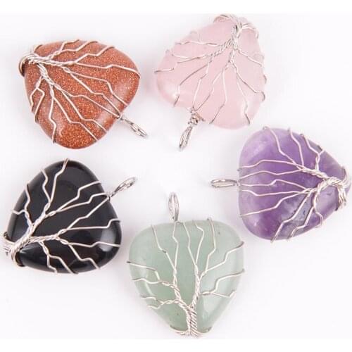 Tree of Life Wire Wrapped Love Heart Necklace & Pendant Suspension Natural Gem Stone Tiger Eye Pink Quartz Black Onyx D401