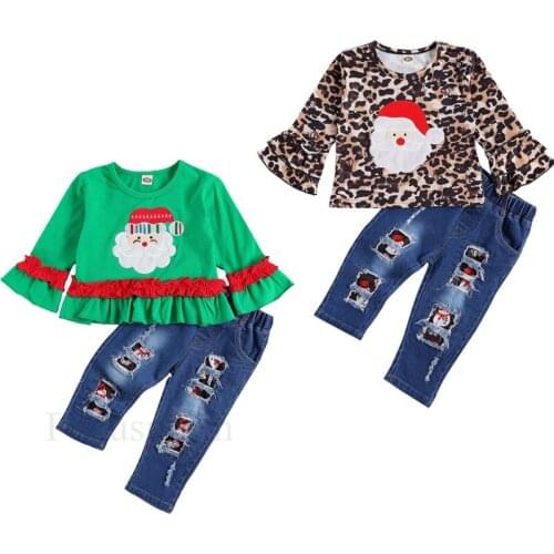 FOCUSNORM Christmas 1-6Y Lovely Kids Girls Clothes Sets Ruffles Long Sleeve Santa Leopard Print Tops Denim Pants