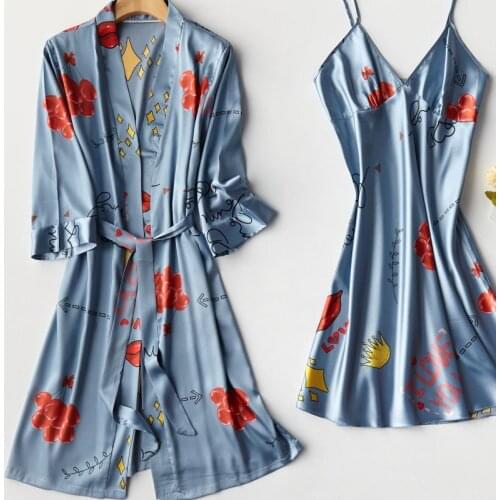 2PCS Robe Set Satin Lady Kimono Bathrobe Gown 2021 Summer New Nightwear Sexy Print Intimate Lingerie Home Clothes Sleepwear
