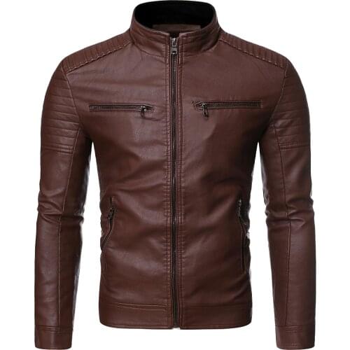Men Autumn Winter Fashion Motor Biker Leather Jackets Coat Men Vintage Style Stand Collar Pu Faux Leather Jackets Windbreaker