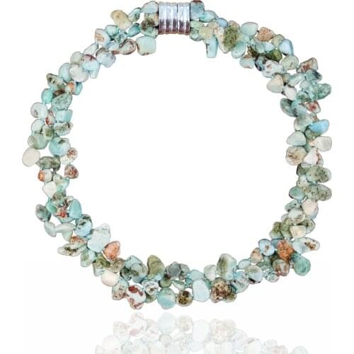 LiiJi Unique Nartural Stone Blue Larimar 3rows Magnet Clasp Statement Fashion Necklace 20'' Nice Gift for Women