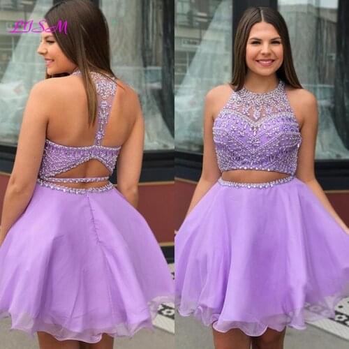 Beaded Crystals Mini Homecoming Dresses Sweet Lilac Two Pieces Prom Dress Short Cocktail Gowns 2020