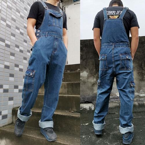Mens Denim Overalls Mens Overalls Jumpsuit Multi-Pocket Strap Straight Blue jeans Plus size 48 50 Overalls Jeans Men