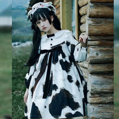 Japanese Gothic Lolita Op Dress Women Vintage Sweet Cute Long Sleeve Cows Pattern Print Princess Dress Girls Kawaii Short Dress