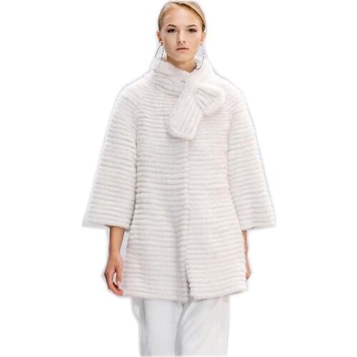 Popular women knitted mink fur coat jacket authentic style stripes fashion fur coat 75cm length