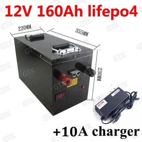 Portable waterproof Lifepo4 12V 160AH lithium battery BMS 4S 12.8V for 1200w Boat RV golf cart backup power solar +10A Charger