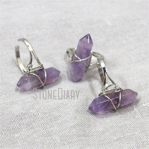 10Pcs Wire Wrapped Silver Finish Faceted Double Point Ring Light Amethysts Ring Adjustable RM13016