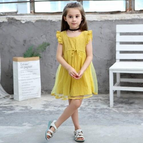 Mesh cotton girls summer dress casual kids dress for girls childrens clothing yellow 2t to 7