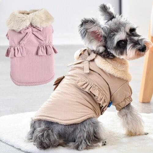 Cute Fur Collar Luxury Pet Dog Clothes Outfit Autumn Winter Pink Cream Female Two Feet Thick Coat Jacket Sweatshirt Cat Goods