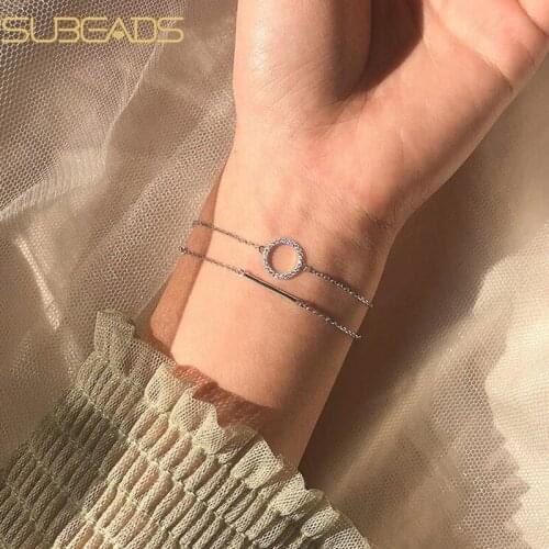 Subeads 925 Sterling Silver Double Layer Crystal Circle Charms Bracelet For Women Geometry Link Chain Wrist Bracleet Jewelry