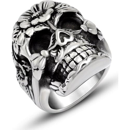 Vintage Flower Skull Ring for Men And Women Unique Stainless Steel Skull Biker Ring Cool Punk Goth Jewelry Dropshipping Store