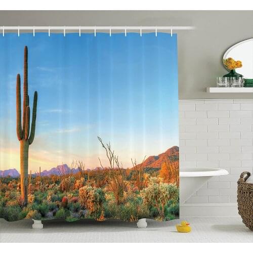 Saguaro Cactus Shower Curtain Sun Goes Down in Desert Prickly-Pear Cactus Southwest Texas National Park Bathroom Decor Curtains