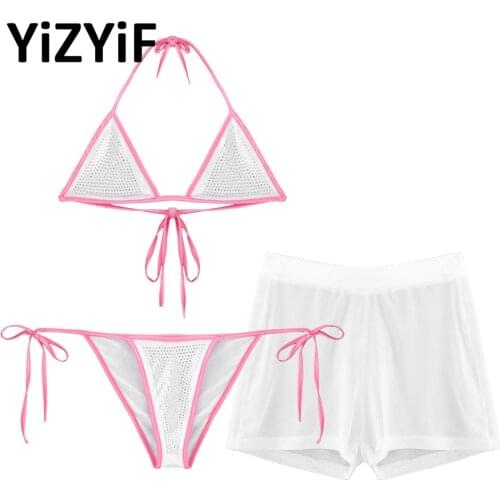 Women Shiny Rhinestone Three-piece Swimsuit Swimwear Bathing Suit Lace-up Bikini Set with See-through Mesh Shorts