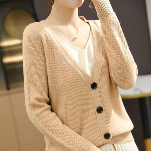 Womens Cashmere Sweaters 100% Wool Knitted Cardigans 2021 Winter V-Neck Jackets Woolen Tops Lady Osmanthus Needle Clothes
