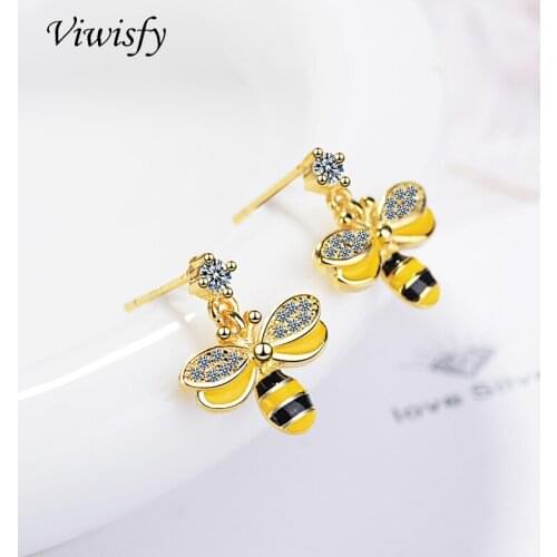 Viwisfy Gold Crystal Cute Bee Stud Earrings Solid 925 Sterling Silver Earrings For Women VW21056
