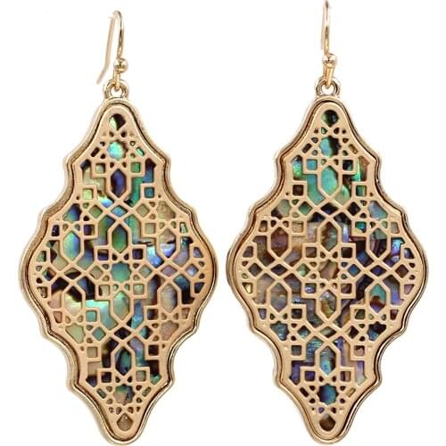 2021 New Vintage Geometric Mother Pearl Shell Abalone Flower Filigree Dangle Earrings for Women