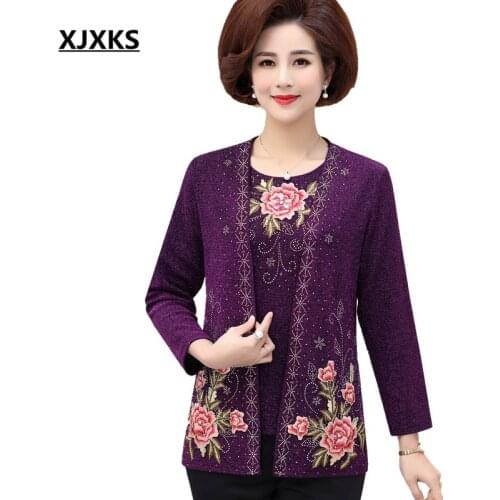 XJXKS 2019 autumn winter new womens two pieces set fashion embroidery diamonds loose plus size womens tops cardigan