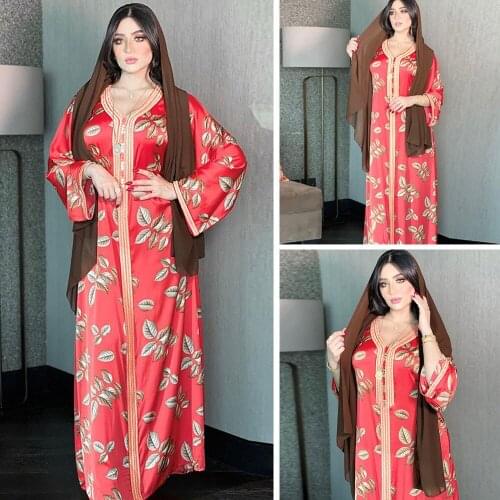 Ramadan Muslim Women Long Dress Leaf Print Jalabiya V-neck Elegant Abaya Islamic Arabic Middle East Kaftan Maxi Robe Gown Turkey