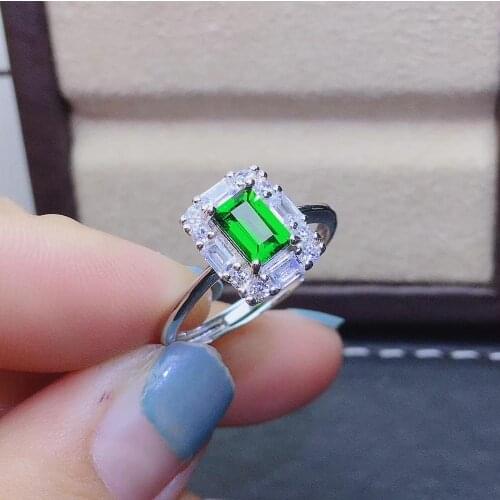 Fashion grace square Pillow Natural green diopside Ring S925 Silver Natural Gemstone Ring girl Womens party party fine Jewelry