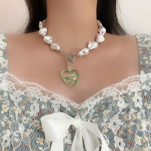 Minar Sweet Cool Transparent Green Water Wave Love Heart Pendant Necklace for Women Irregular Baroque Pearls Chokers Necklaces