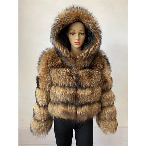 BEIZIRU Real Natural Raccoon Silver Fox Fur Hooded Coat Detachable Hood Winter Warm Women Height 50 CM