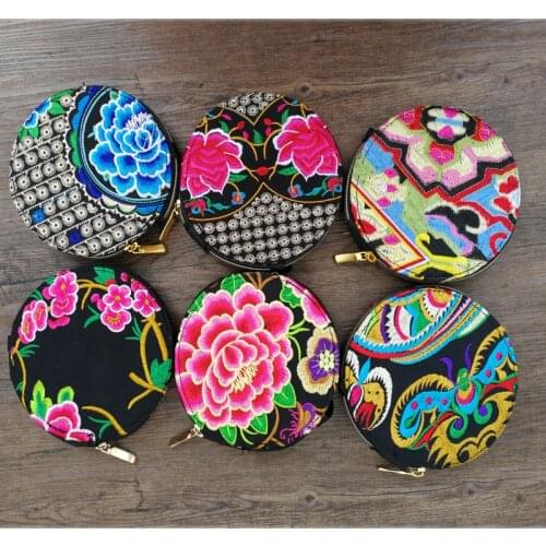 10pcs /lot NEW STYLE Embroidered purse Round Coin Purse Fashion canvas Women purse wallet