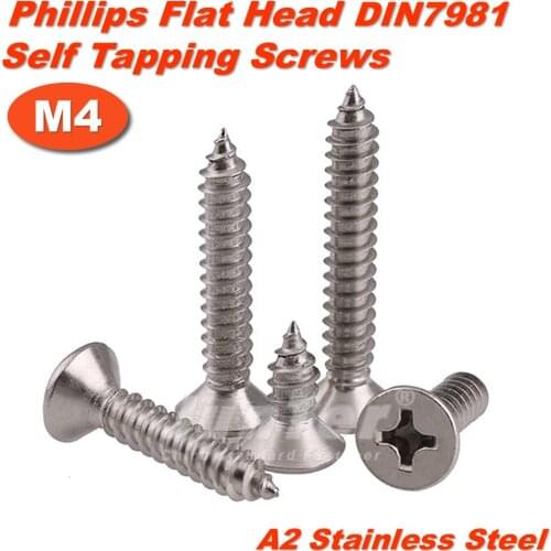 100pcs/lot M4(4mm) A2 Stainless Steel Phillips Cross Recessed Countersunk Self Tapping Screws DIN7982