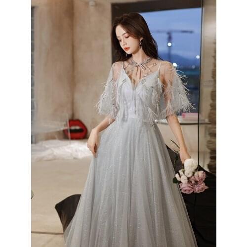 2021 New Arrival Fairy Gray Evening Dresses with Cape Beading Neckline Prom Dresses Soft Tulle with Sequins Party Dresses