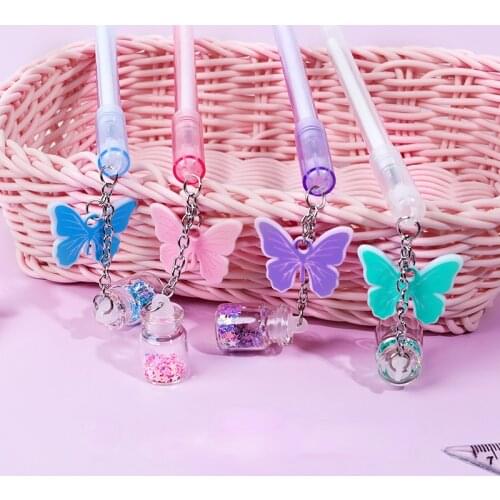 4pcs/lot Cute Butterfly Pendant Gel Pen Kawaii Stationery Ins Girly Heart Student School Office Signing Pen Black Ink Pen 0.5mm