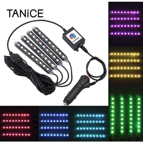 TANiCE 4Pcs IOS LED RGB Music Strip Lights Wireless Music Phone APP Control Car Interior Decorative Light Kit DC 12V 5050 LED
