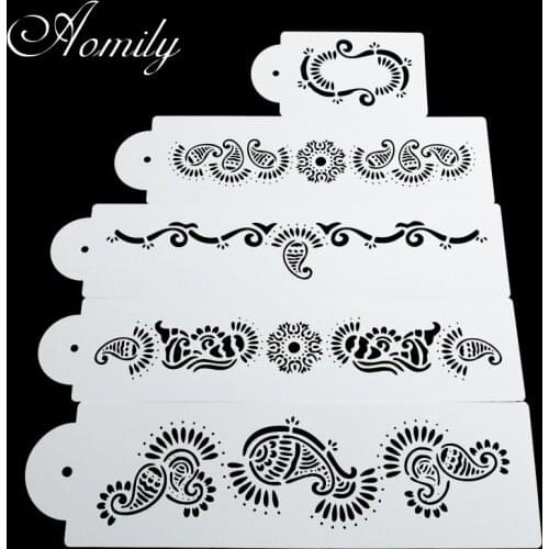Aomily 5pcs/Set Fish Tail Pattern DIY Cake Stencils Airbrush Painting Art Molds Fondant Decorating Tools Coffee Espresso Stencil
