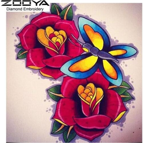 5D DIY Diamond Painting Flower Crystal Diamond Painting Cross Stitch Two Red Floral &Butterfly Needlework Home Decorative BJ1142