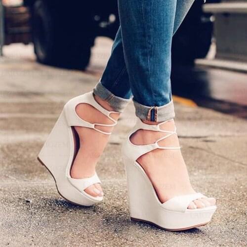 BERZIMER Super Women Platform Wedge Sandals White Faux Leather Summer Sandalias Pumps Zapatos Shoes Woman Large Size 44 45 49 52