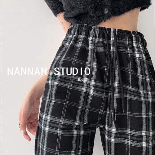 Womens Plaid Pants] Retro Black and White Plaid Loose Casual Pants Women High Waist Drawstring Pants Spring Straight Pants